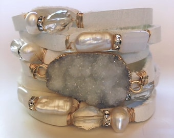Split Leather Cuff Statement Bracelet in Off-White Eggshell Leather with Druzy, Pearls, Moonstone and Crystals