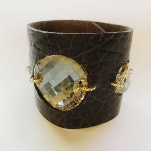 Buffalo Hide Leather Cuff Bracelet in Cognac- Brown with Large Sparkly Swarovski Crystals