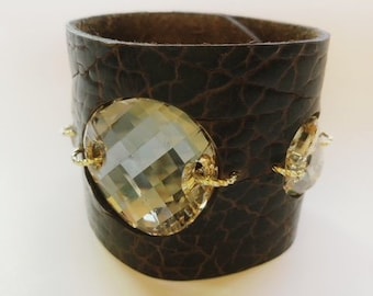 Buffalo Hide Leather Cuff Bracelet in Cognac- Brown with Large Sparkly Swarovski Crystals