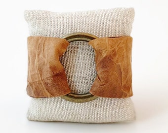 Ring of Hope Leather Cuff Bracelet in "Crinkle" Tan