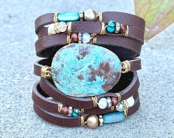 Lightly Textured Chocolate Brown Split Leather Cuff, Ocean Jasper, Gemstones, Bling