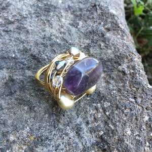 Wire Wrapped Ring with Polished Amethyst, Pearls and Crystals, February Birthstone, Gold tone