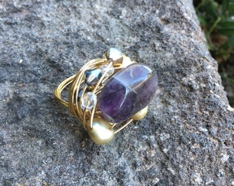 Wire Wrapped Ring with Polished Amethyst, Pearls and Crystals, February Birthstone, Gold tone