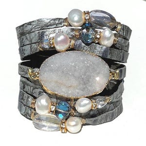 Gray Croc Embossed Split Leather Cuff Bracelet with a Sparkly Druzy Centerpiece, Pearls and Crystals