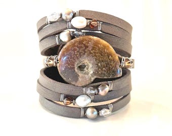 Gray Leather Cuff Bracelet with an Ammonite Centerpiece, Surrounded by Pearls and Crystals
