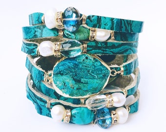 Turquoise Embossed Croc Split Leather Cuff Bracelet, Shredded Leather Cuff, with Gemstones, Turquoise, Fresh Water Pearls, Crystals