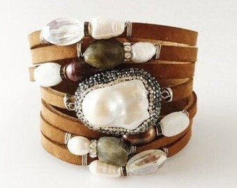 Sand Suede Split Leather Cuff Bracelet with Mother-of-Pearl Focal, Crystals, Pearls, Labradorite and Natural Gemstones