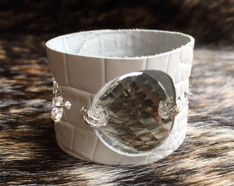 White Leather Cuff, Bracelet, Croc Embossed with Swarovski Crystals, Bling