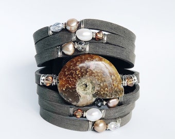 Lightly Distressed Gray Shredded Leather Cuff Bracelet with Ammonite, Freshwater Pearls and Crystal,. Handcrafted, one-of-a-kind