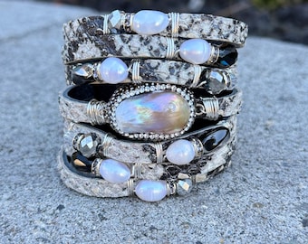 Python Split Leather Cuff/ Bracelet with a Mother of Pearl Centerpiece with Rhinestones, Freshwater Pearls, Crystal Rondelles & Beads.