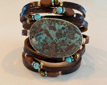 Textured Cognac Brown Split Leather Cuff, Ocean Jasper, Gemstones, Bling