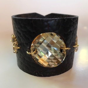 Buffalo Hide Leather Cuff Bracelet in Chocolate Brown with Large Sparkly Swarovski Crystals