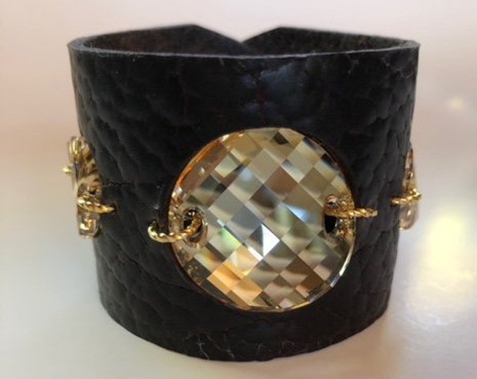 Featured listing image: Buffalo Hide Leather Cuff Bracelet in Chocolate Brown with Large Sparkly Swarovski Crystals