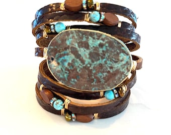 Textured Cognac Brown Split Leather Cuff, Ocean Jasper, Gemstones, Bling