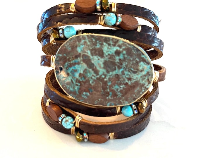 Featured listing image: Textured Cognac Brown Split Leather Cuff, Ocean Jasper, Gemstones, Bling