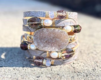 Lavendar/Gray Leather Embossed Ostrich Split Leather Cuff with a Sparkly Light Gray Druzy Centerpiece,  Freshwter Pearls and Crystals