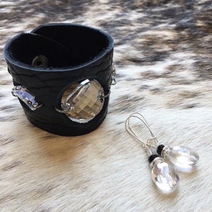 Buffalo Hide Leather Cuff in Black, with Large Silver Moonlight Swarovski Crystals