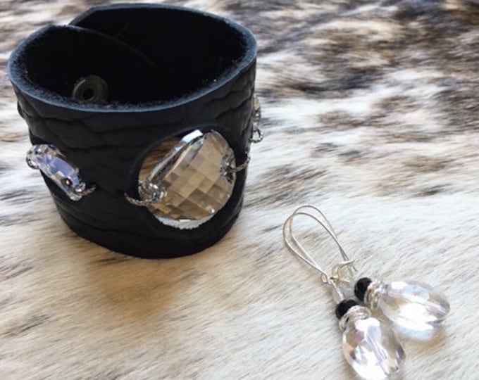 Featured listing image: Buffalo Hide Leather Cuff in Black, with Large Silver Moonlight Swarovski Crystals