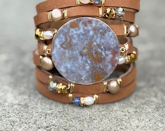 Flower Agate Split Leather Cuff with Pearls and Crystals