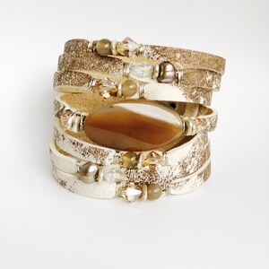 Cowhide Print Leather Cuff with Natural Stones, Shredded Leather Cuff, Agate, Pearls and Crystals