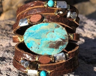 Textured Cognac Brown Split Leather Cuff, Ocean Jasper, Gemstones, Bling