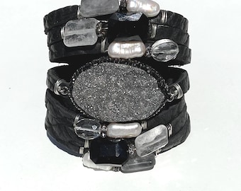 Black Textured Split Leather Cuff with a Sparkly Gunmetal Druzy Centerpiece, with Pearls and Crystals