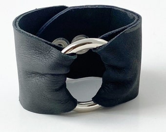 Black Leather Cuff With Silver Brass Ring