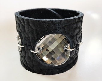 Buffalo Hide Leather Cuff in Black, with Large Silver Moonlight Swarovski Crystals