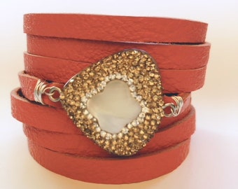Tangerine Split Leather Cuff Bracelet with a Mother of Pearl Centerpiece Encrusted with Tiny Champagne Crystals