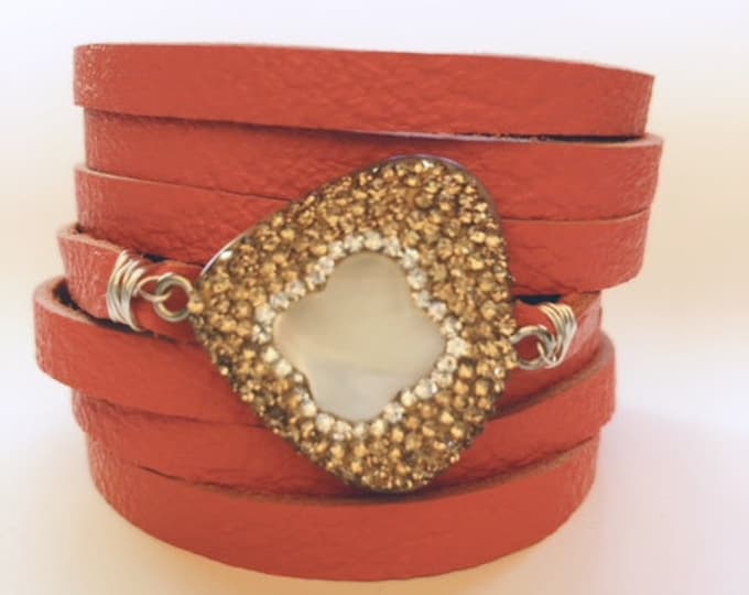 Featured listing image: Tangerine Split Leather Cuff Bracelet with a Mother of Pearl Centerpiece Encrusted with Tiny Champagne Crystals