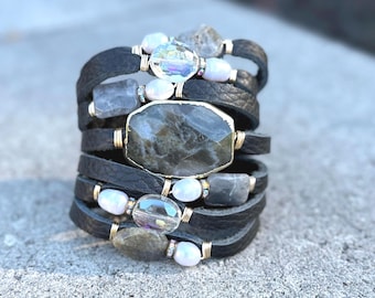 Black Textured Split Leather Cuff with a Faceted African Jade Stone, Labradorite and a Sprinkling of Pearls and Crystals