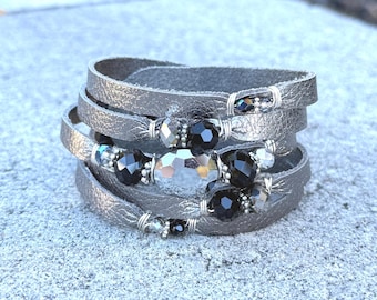Metallic Gunmetal Gray Split Leather Cuff Bracelet with Sparkly Faceted Crystal Beads