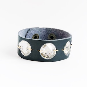 Leather Cuff Bracelet with a Trio of  Sparkly Moonlit Crystal Swarovski Crystals