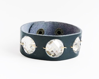 Leather Cuff Bracelet with a Trio of  Sparkly Moonlit Crystal Swarovski Crystals