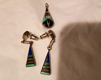 Zuni pendant & matching Earrings multi stone inlay