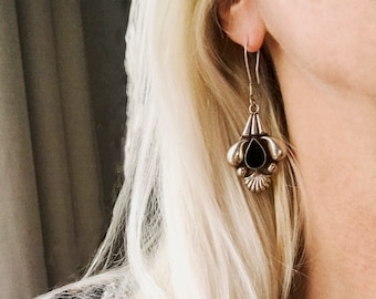 Vintage Sterling Silver Onyx Long Drop Statement Earrings