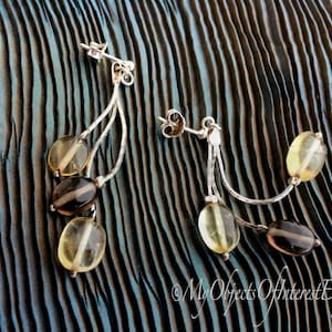 Citrine Smoky Quartz Sterling Silver Long Drop Earrings - Designer