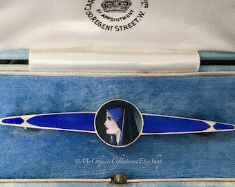 Art Deco French Silver Guilloche Enamel Portrait Brooch