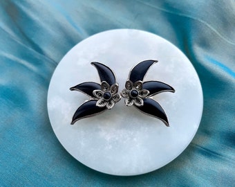 Floral Sterling Silver Niello Clip on Vintage Earrings