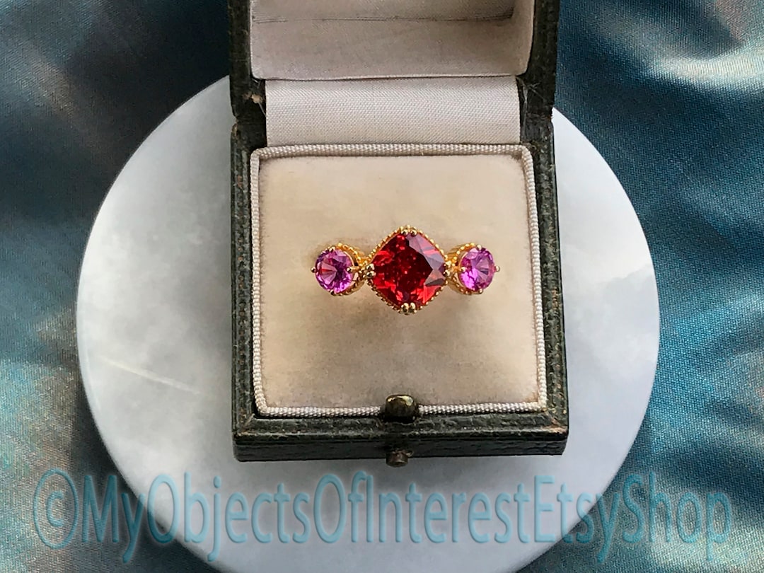 Georgische stijl goud op zilveren ring rood roze cubic zirconia stenen ...