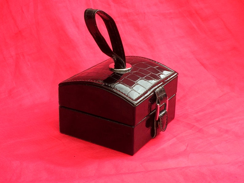 Vintage Black Jewellery Box Travel Domed Case Casket with Carrying Handle Inside Mirror
