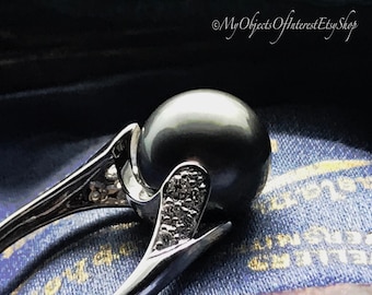 Tahitian Black Pearl Diamond White Gold Ring UK N1/2