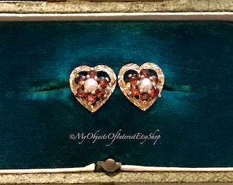 Vintage 9ct Gold Garnet Pearl Cluster Heart Stud Earrings