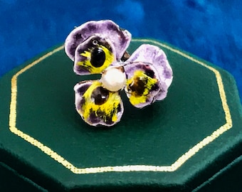 Miniature Gilt Metal Enamel Viola Pansy Brooch Art Nouveau 1930s