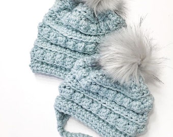 Glacier. Bobble Hats. Crochet beanie. Baby beanie. Toddler hat. Mommy and me hats. Wholesale beanies. Tuque. Faux fur pompom.