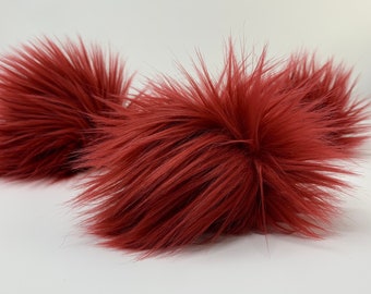 Red faux fur Pompom. Deep red pompom. Brick luxury faux fur pompom.