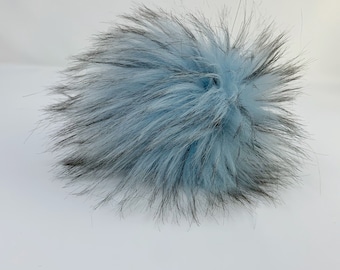 Ice blue Pompom. Light blue pompom with black tips. Luxury faux fur pompom.