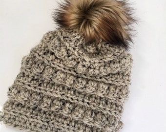 Oatmeal. Bobble Hats. Crochet beanie. Baby beanie. Toddler hat. Mommy and me hats. Wholesale beanies. Tuque. Faux fur pompom.