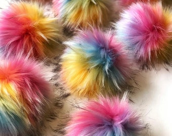 Rainbow faux fur pompoms. Skittles Pompom . Multi coloured faux fur pompom. Luxury faux fur pompom.