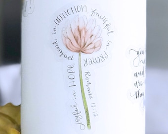 Joyful in Hope, Patient in Affliction, Faithful in Prayer. Romans 12:12 Clear Decal, Sticker. Size 1.51 x 3 inches